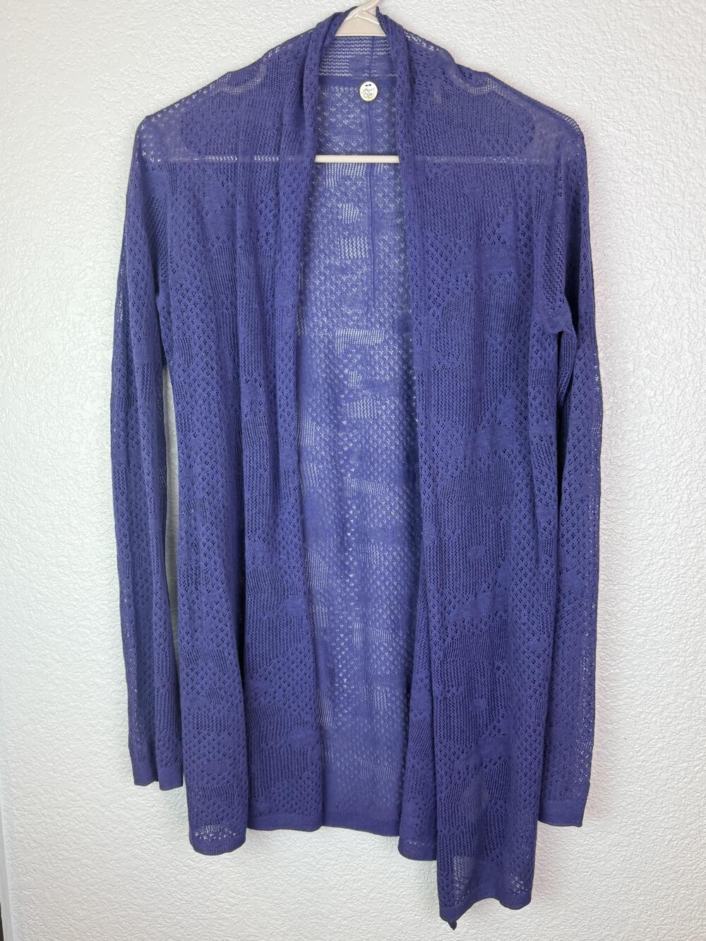 Margaret O'Leary Cardigan Sweater Womens Medium Blue Open Knit Lightweight Sheer